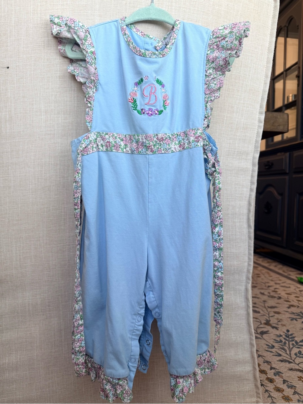 Light Blue Floral-Trim Girls Romper with Embroidered Initial B